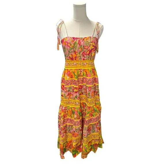 FARM Rio Yellow Pink Floral Tiered Midi Dress - Picture 8 of 12